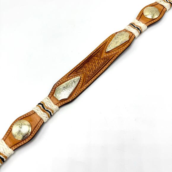 Nocona Western Concho Belt 30 Brown Leather Tooled Basketweave Rawhide Brass - Picture 8 of 12